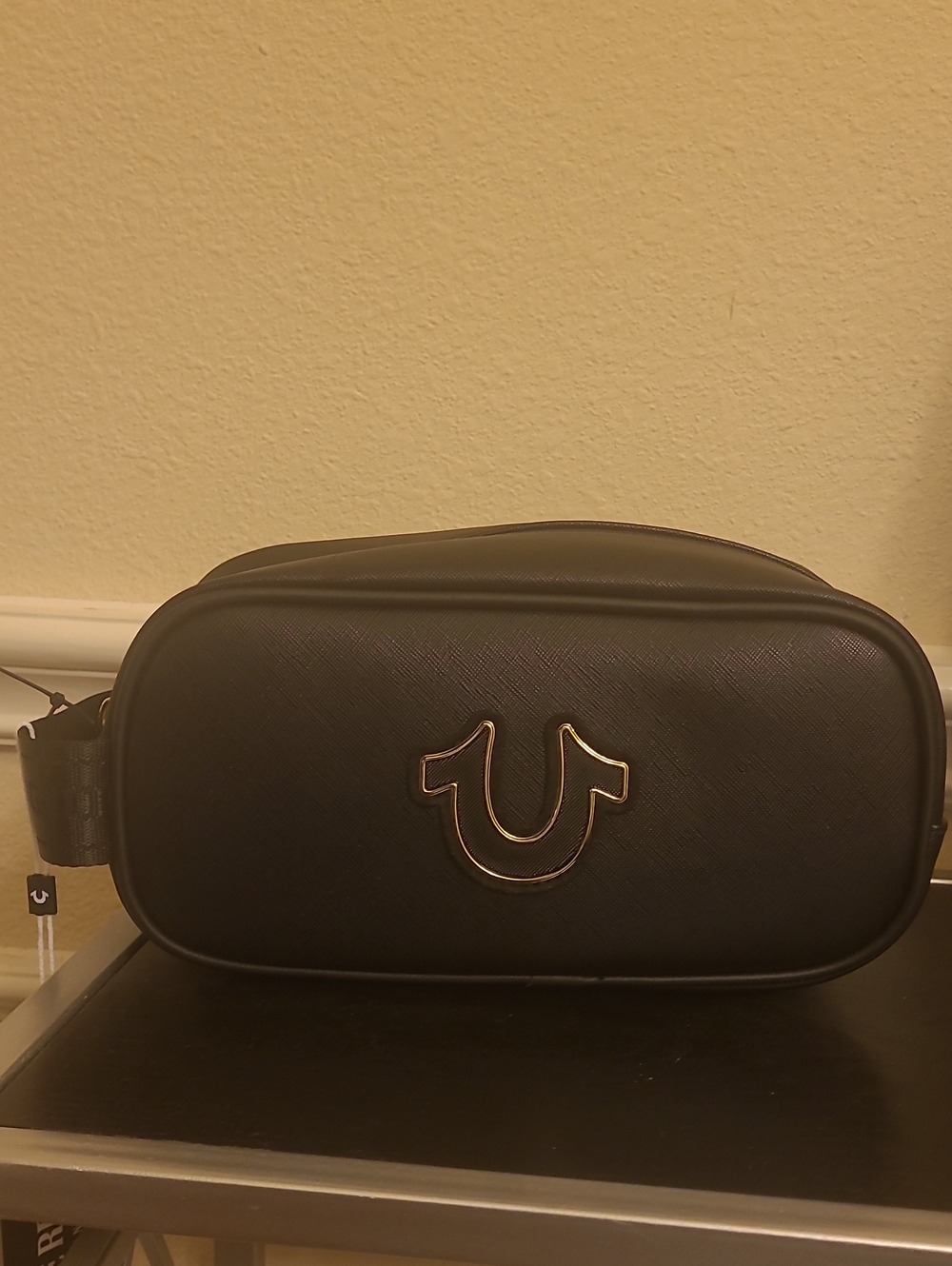 True Religion Black Faux Leather Toiletry Bag with Gold Logo